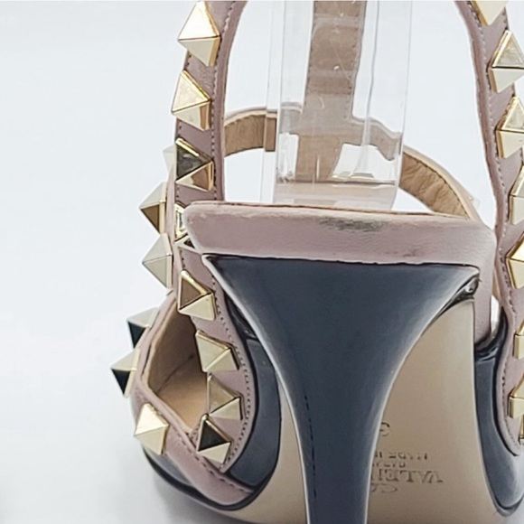 VALENTINO ROCKSTUD 100 Pumps Gold Studded Slingback Heels Nude Black. Size 37 🔥 - Picture 7 of 10